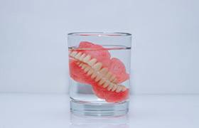 Dentures soak in glass with clear liquid