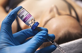 a gloved hand holding a BOTOX bottle