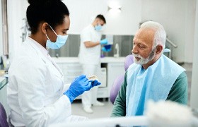 a dentist explaining how dentures work to a patient