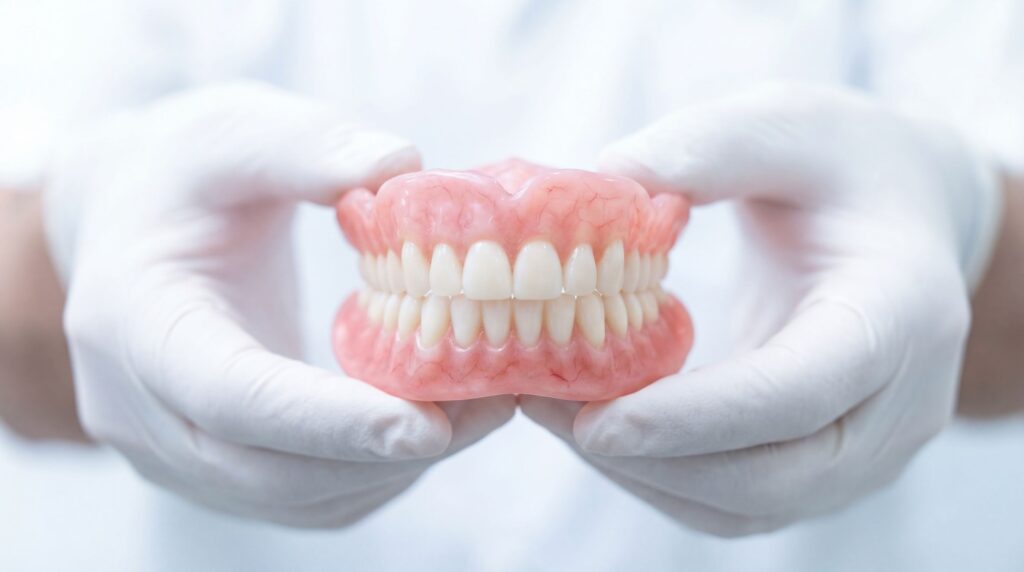 Hands in white gloves holding completed set of bright white dentures